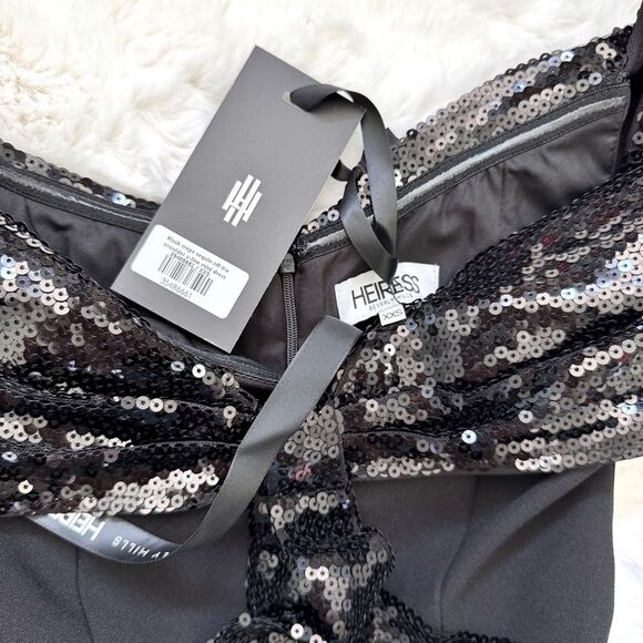 Heiress Sequin Bow Off Shoulder Mini Dress XXS - Black - Picture 5 of 5